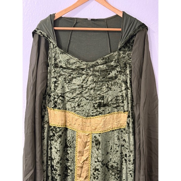 Sinastar Green Velvet Hooded Medieval Fantasy Costume Dress with Gold Trim M - Picture 4 of 14